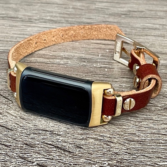Brown Grain Leather Slim Strap Gold Fitbit Charge 5 Band Women Jewelry Bracelet - Picture 3 of 8